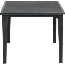 Table de jardin carrée en plastique anthracite avec un plateau aspect bois.
