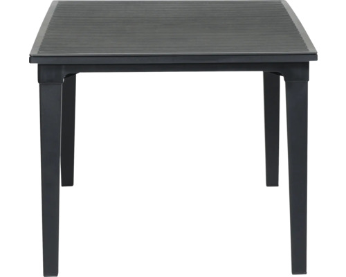 Table de jardin carrée en plastique anthracite avec un plateau aspect bois.