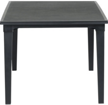 Table de jardin noire en plastique avec plateau aspect bois.