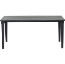 Table de jardin rectangulaire en plastique avec un plateau aspect bois et quatre pieds.