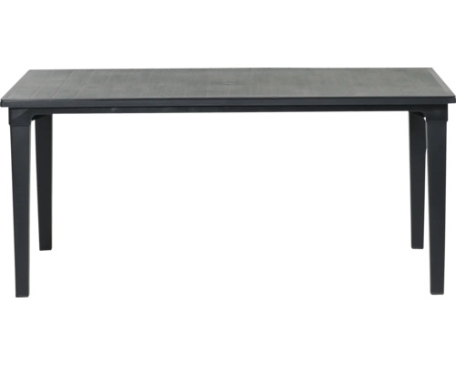 Table de jardin rectangulaire en plastique avec un plateau aspect bois et quatre pieds.