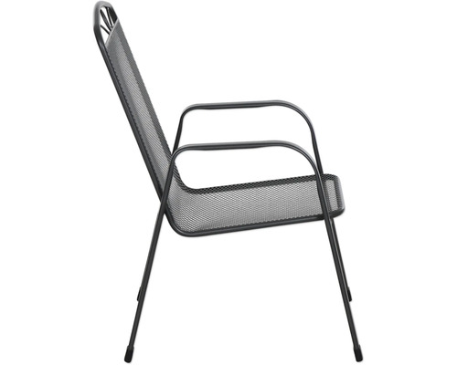 Chaise de jardin en métal déployé noir avec accoudoirs.