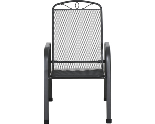 Chaise empilable en métal avec dossier haut en métal déployé et accoudoirs.