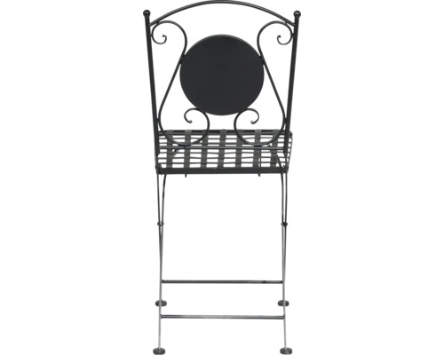 Chaise de bistrot pliante noire en métal avec dossier décoré et assise à claire-voie.