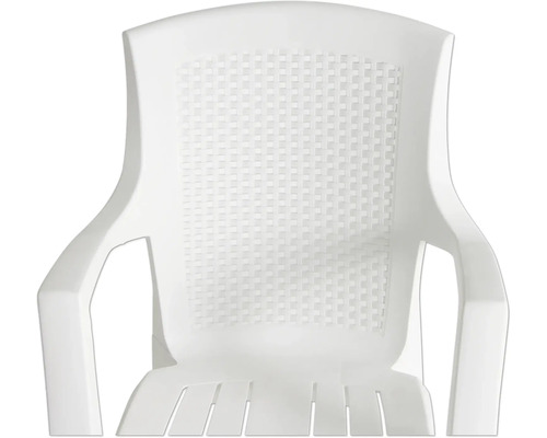 Chaise de jardin en plastique blanc avec dossier tressé et assise à lattes.