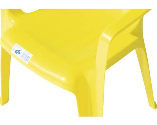 Chaise pour enfants en plastique jaune avec label de sécurité contrôlée.