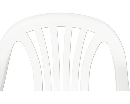 Dossier d'une chaise de jardin blanche en plastique avec des lattes verticales.