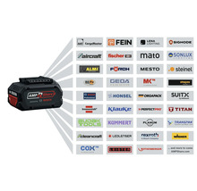 Batterie Bosch AMPShare 18 volts avec logos de partenaires comme FEIN, fischer et brennenstuhl, illustrant la compatibilité du système.