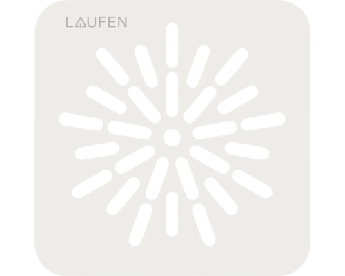 Logo Laufen et couvercle d'évacuation carré avec fentes disposées de façon radiale.