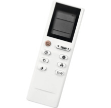 Télécommande blanche pour climatiseurs avec écran, réglage de température, minuterie, ventilateur et bascule entre Celsius et Fahrenheit.