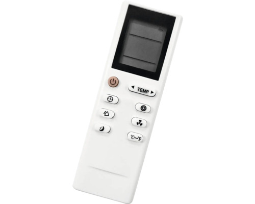 Télécommande blanche pour climatiseurs avec écran, réglage de température, minuterie, ventilateur et bascule entre Celsius et Fahrenheit.