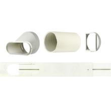Kit d évacuation pour climatiseurs mobiles comprenant des adaptateurs, un raccord de tuyau et un joint de fenêtre en plastique blanc.