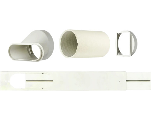 Kit d évacuation pour climatiseurs mobiles comprenant des adaptateurs, un raccord de tuyau et un joint de fenêtre en plastique blanc.