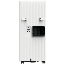 Vue arrière d une climatisation mobile avec grille de ventilation, supports de câbles et roulettes.