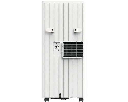 Vue arrière d une climatisation mobile avec grille de ventilation, supports de câbles et roulettes.