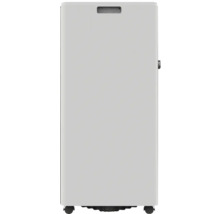Climatiseur mobile de forme rectangulaire avec poignée intégrée et roulettes.