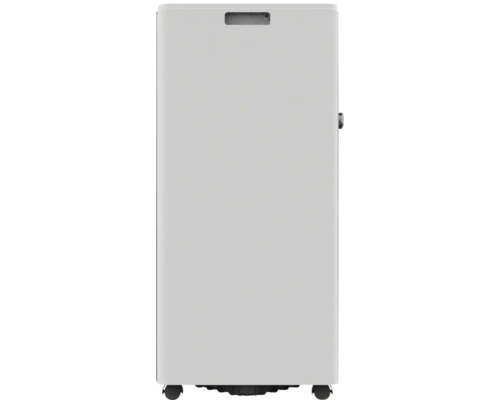 Climatiseur mobile de forme rectangulaire avec poignée intégrée et roulettes.