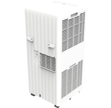 Climatiseur mobile blanc avec grilles de ventilation, supports de câble, panneau de commande supérieur et roulettes.