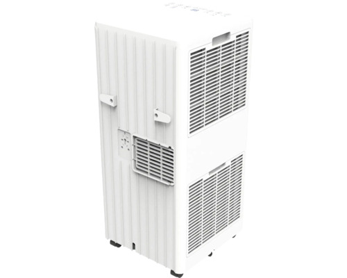 Climatiseur mobile blanc avec grilles de ventilation, supports de câble, panneau de commande supérieur et roulettes.