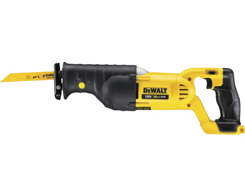 Scie sabre sans fil DeWalt 18 Volt XR Li-Ion avec lame de scie, boîtier en plastique noir et jaune.
