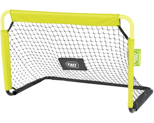 Mini-but de football EXIT Toys avec cadre jaune, filet noir et EXIT Toys Logo.