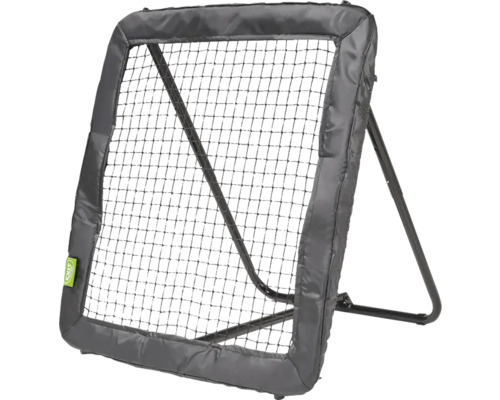 Schwarzes EXIT Toys Rebounder Sportnetz mit Metallrahmen, gepolstertem Rand und verstellbarem Trainingsnetz. EXIT Toys Logo.