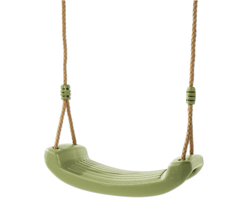Grüner Schaukelsitz aus Kunststoff mit verstellbaren Seilen für Kinderspielplätze.