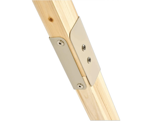 Metallverbinder zur Befestigung von zwei Holzbalken mit Schrauben.
