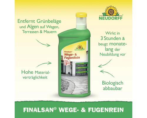 Flasche Neudorff Finalsan Wege- und FugenRein gegen Grünbeläge, wirkt in drei Stunden, materialverträglich, biologisch abbaubar. Neudorff Logo.