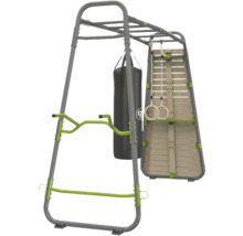 Structure de gymnastique en métal avec sac de frappe, anneaux et mur de grimpe.