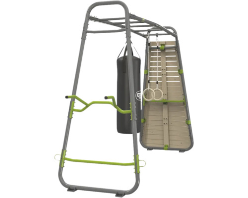 Structure de gymnastique en métal avec sac de frappe, anneaux et mur de grimpe.