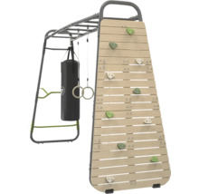 Mur d escalade en bois avec prises, barre de traction, sac de frappe et anneaux de gymnastique sur cadre metallique.