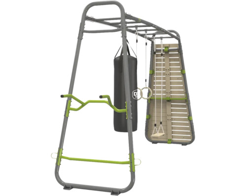 Station de fitness d'extérieur en métal avec sac de frappe, anneaux de gymnastique, balançoire et mur d'escalade.