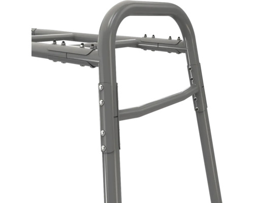 Structure métallique en tubes ronds gris avec raccords vissés solides.