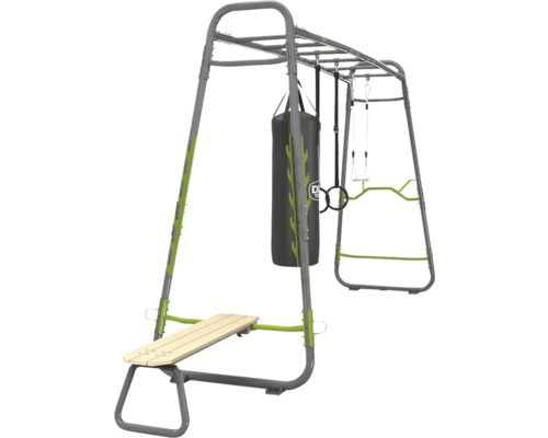 EXIT Toys GetSet Outdoor Fitnessstation mit Boxsack, Turnringen und Trainingsbank aus Metall und Holz.