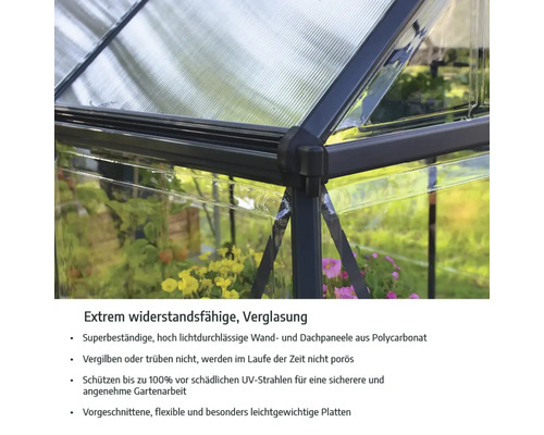 Nahaufnahme eines Gewächshauses mit extrem widerstandsfähigen Polycarbonat-Paneelen für Wand und Dach sowie UV-Schutz.