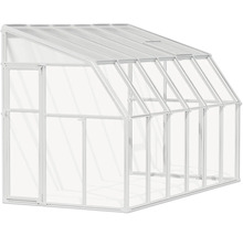 Weißes Anlehn-Gewächshaus aus Aluminium mit Glaswänden, Pultdach und einer Dachluke.