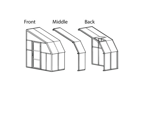 Technische Zeichnung eines Anlehngewächshauses mit Frontbereich, Mittelteil und Rückwand.