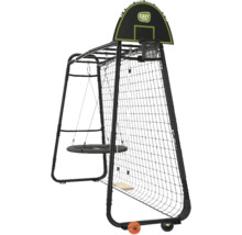 Portique de jeu EXIT TOYS en métal noir avec balançoire nid, balançoire, panier de basket, filet de protection et EXIT TOYS Logo.