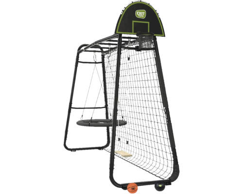 Portique de jeu EXIT TOYS en métal noir avec balançoire nid, balançoire, panier de basket, filet de protection et EXIT TOYS Logo.