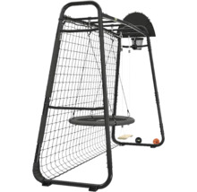 Station de jeux d'extérieur multifonctionnelle en métal noir avec filet de football, balançoire nid, balançoire et panier de basket.