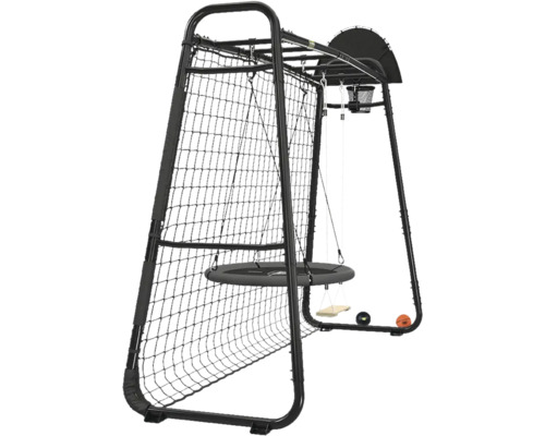 Station de jeux d'extérieur multifonctionnelle en métal noir avec filet de football, balançoire nid, balançoire et panier de basket.