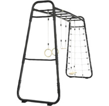 Portique de jeux en métal noir avec anneaux de gymnastique, balançoire et filet à grimper pour le jardin.