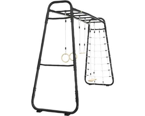 Portique de jeux en métal noir avec anneaux de gymnastique, balançoire et filet à grimper pour le jardin.