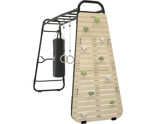 Station d'escalade avec mur en bois, sac de frappe, anneaux de gymnastique et cadre en métal, EXIT TOYS Logo sur le sac.