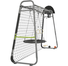 Structure de jeu en métal avec cage de football, panier de basket, balançoire nid, siège de balançoire et anneaux de gymnastique.
