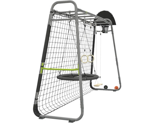 Structure de jeu en métal avec cage de football, panier de basket, balançoire nid, siège de balançoire et anneaux de gymnastique.