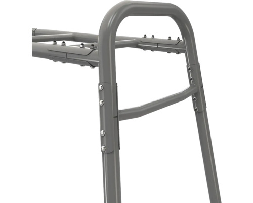 Vue détaillée de la structure de cadre métallique grise avec raccords vissés.