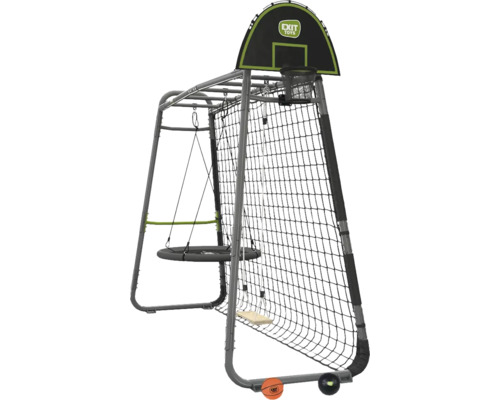 Portique de jeux EXIT Toys en métal avec balançoire nid, balançoire en bois, panier de basket et filet à grimper.