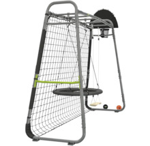 Portique de jeux multifonction en métal avec filet de rebond pour football, balançoire nid, balançoire classique et panier de basket.